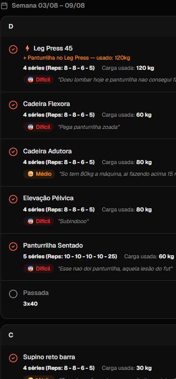 Tela do Treino Pro mostrando a semana de treino com carga usada e nível de dificuldade de cada exercício